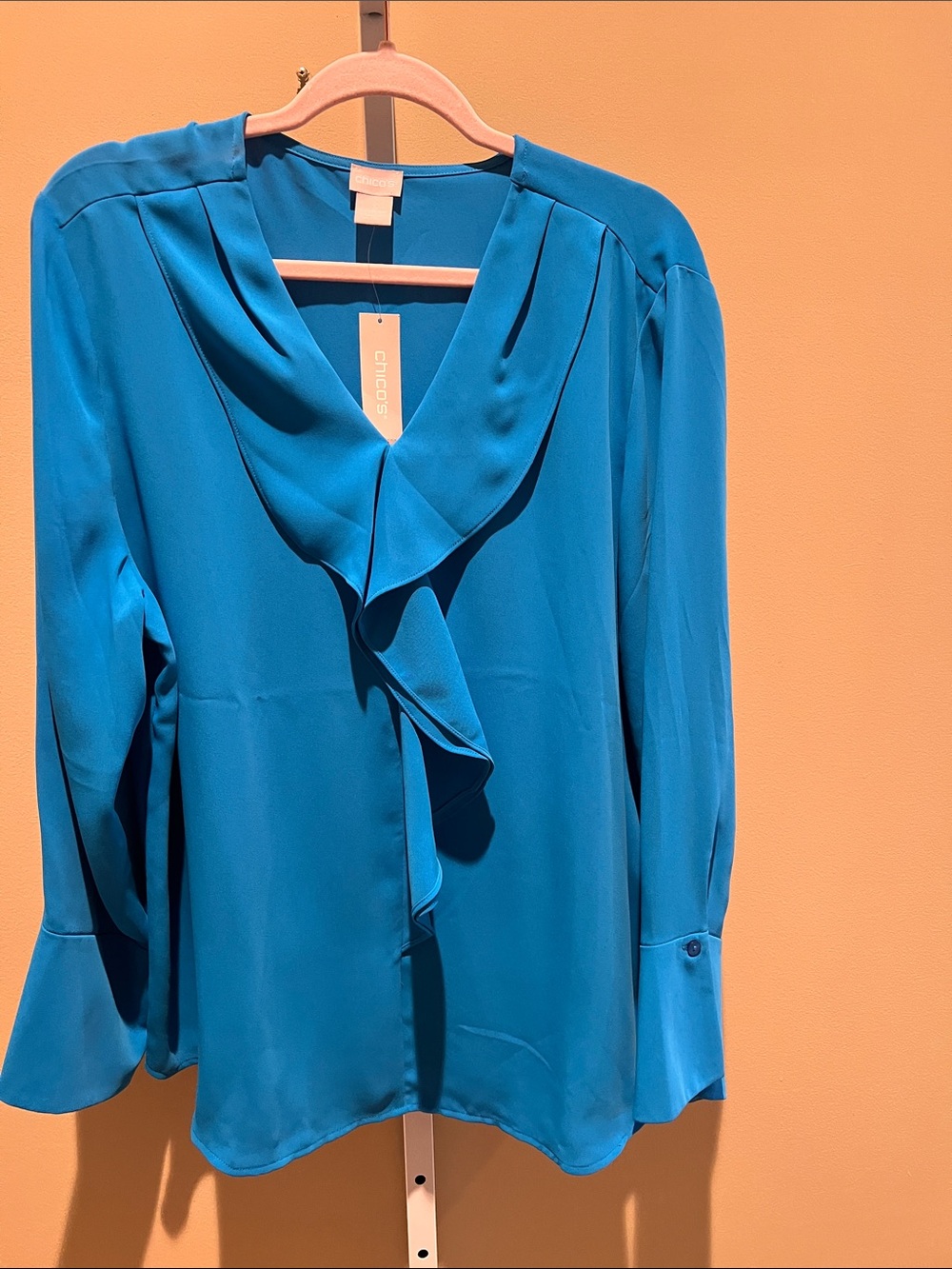 Chico's Vibrant Teal Ruffle Front Long-Sleeve Blouse